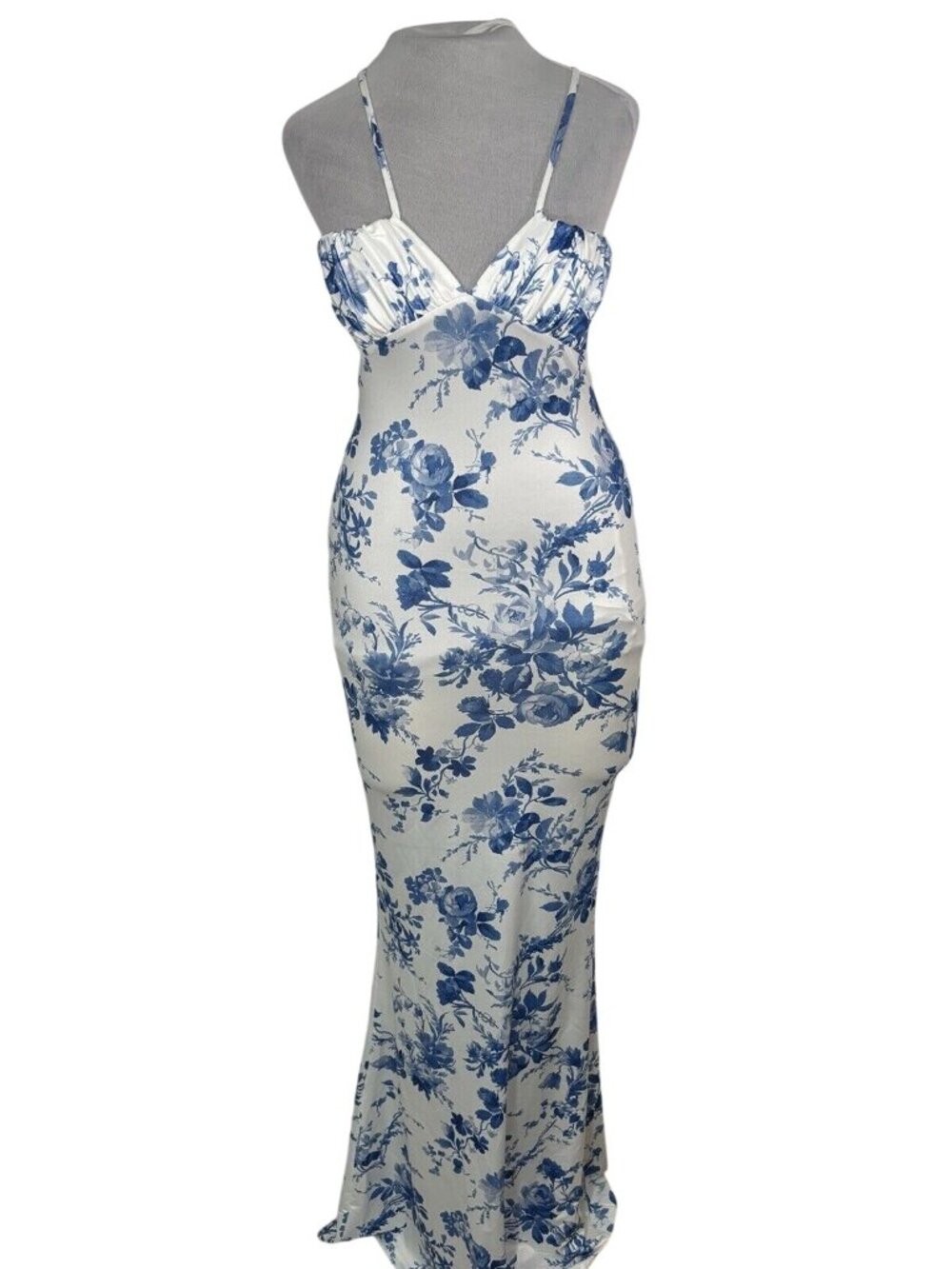 Parthea Women’s Spaghetti Strap Sexy Maxi Dress Bodycon Floral Blue White Size S